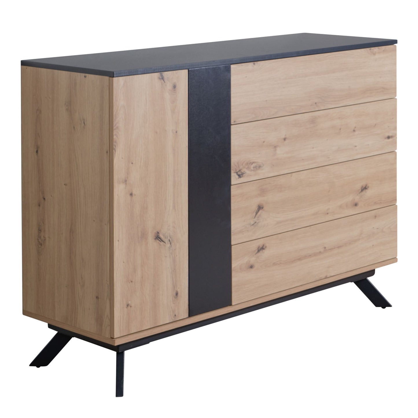 Sideboard 110x87x40 cm MDF Anrichte in Eiche-Dekor / Schwarz, Kommode mit 4 Schubladen, Kommodenschrank Flurschrank mit Tür Modern, Standschrank Wohnzimmer mit Metallbeine