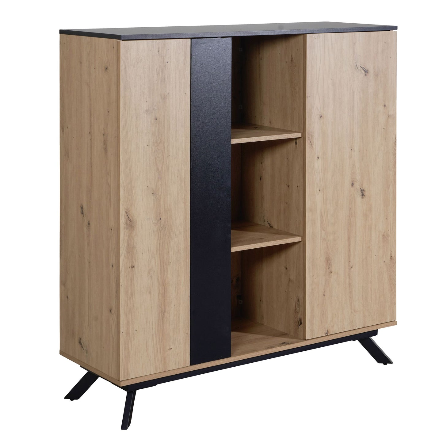 Highboard 110x125x40 cm MDF Sideboard in Eiche-Dekor / Schwarz, Kommode mit 2 Türen, Kommodenschrank mit Regal, Flurschrank Modern, Standschrank Anrichte mit Metallbeine