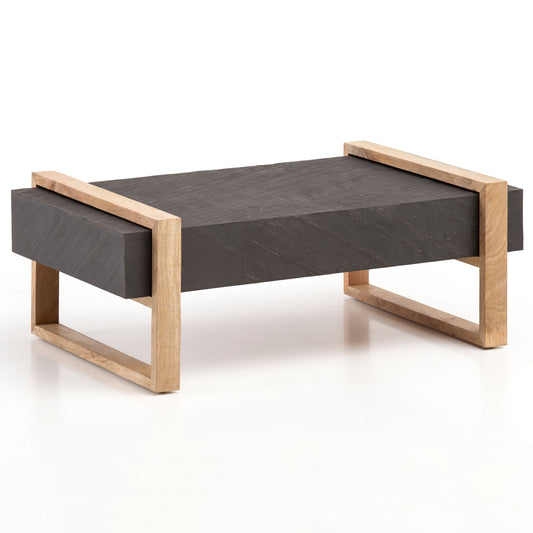 Couchtisch 105x66x40 cm Mango Massivholz / Steinoptik Sofatisch Anthrazit, Design Wohnzimmertisch Kaffeetisch Massiv, Tisch Wohnzimmer Rechteckig Modern