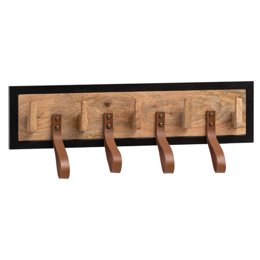 Wandgarderobe Mango Massivholz / Echtleder 60x15x6 cm, Hakenleiste für Jacken, Schals und Mützen, Flurgarderobe mit Metallrahmen, Garderobe Wand Holz mit Schlaufen