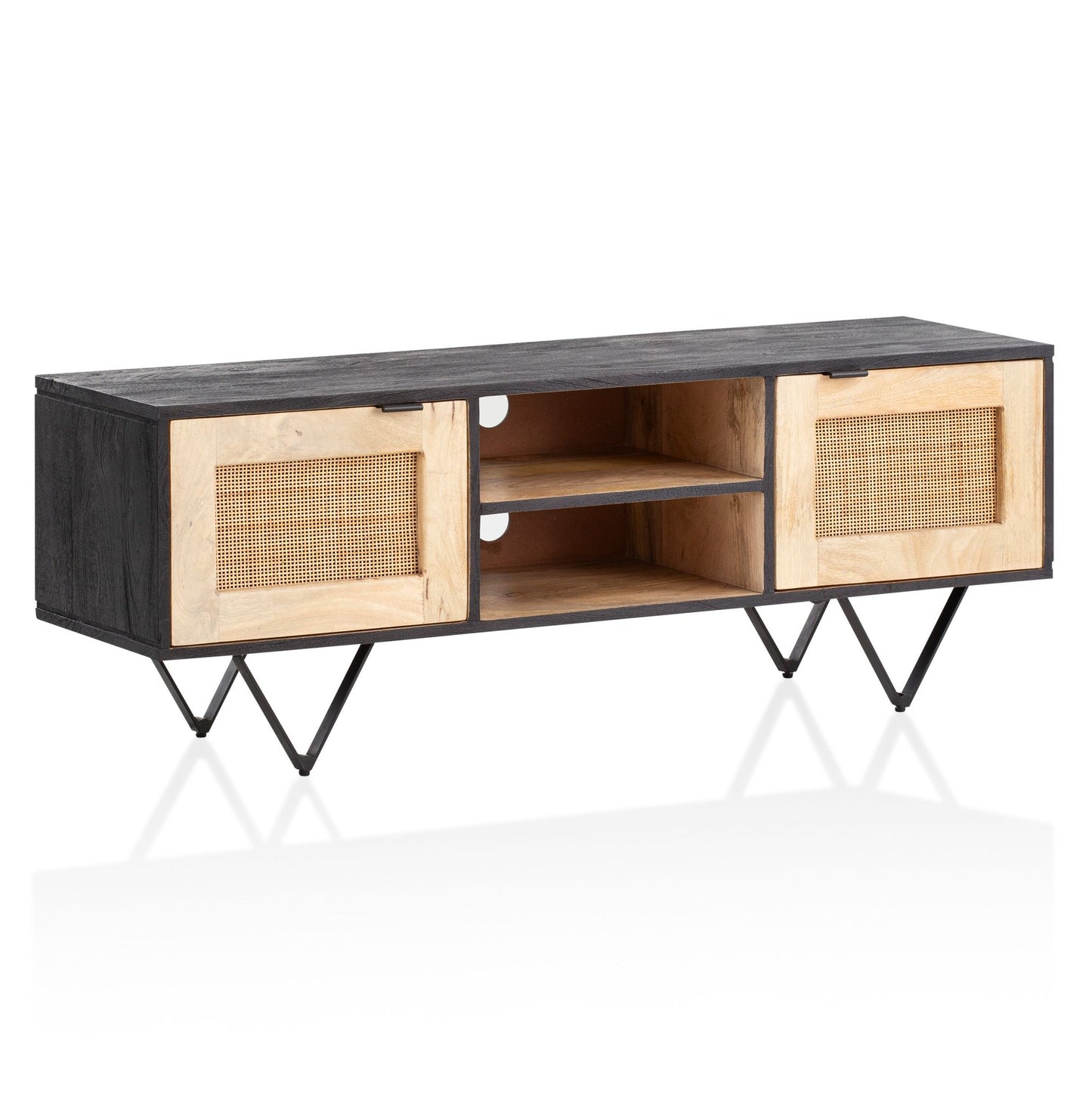 Lowboard Mango Massivholz / Rattan 120x44x35 cm TV-Kommode mit zwei Türen, Design TV-Schrank mit Kabeldurchlass, Fernsehtisch Fernsehschrank Modern, Fernsehkommode Wohnzimmer