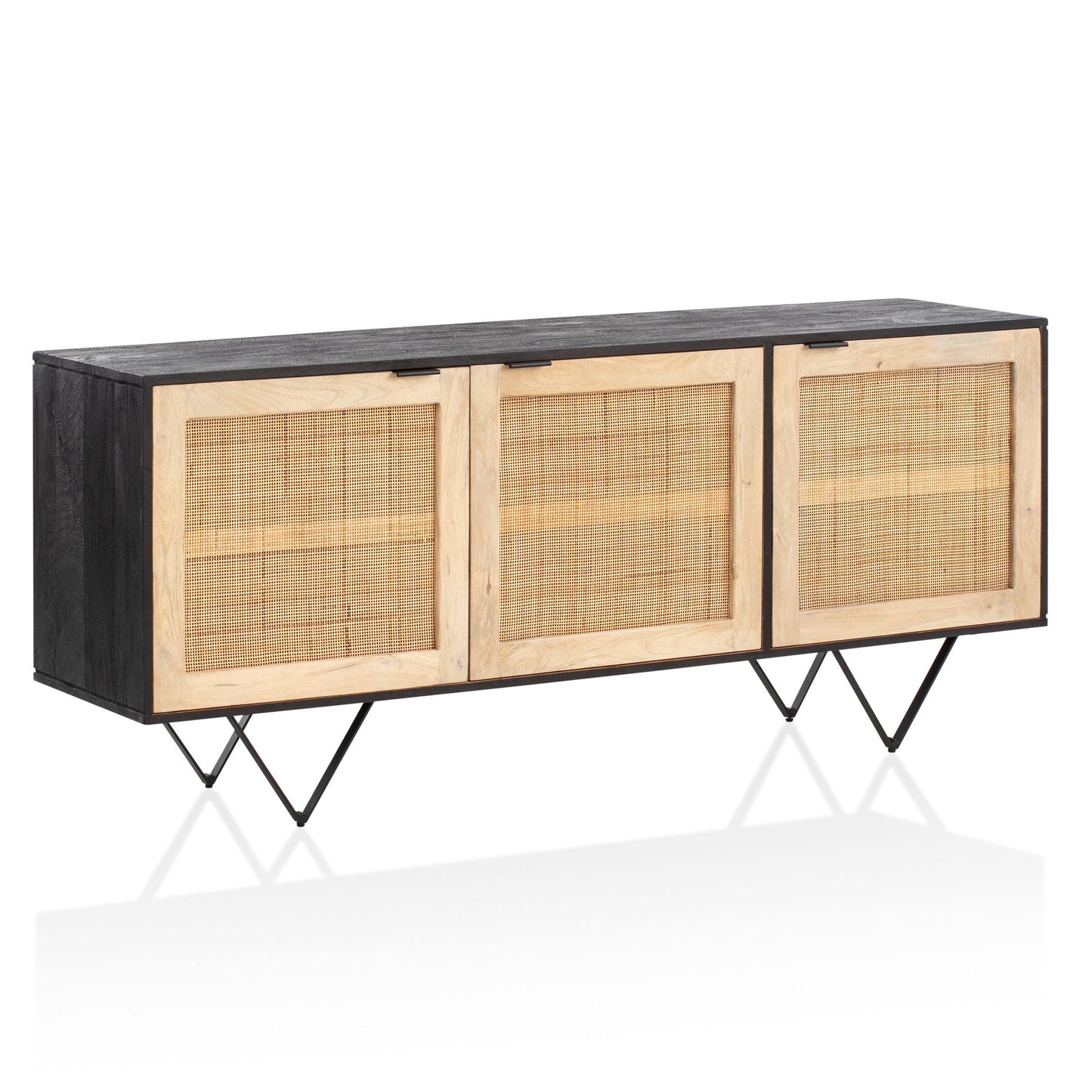 Sideboard 175x75x45 cm Mango Massivholz / Rattan Kommode mit 3 Türen, Hoher Kommodenschrank Schwarz / Braun, Standschrank Wohnzimmer, Anrichte Rohrgeflecht