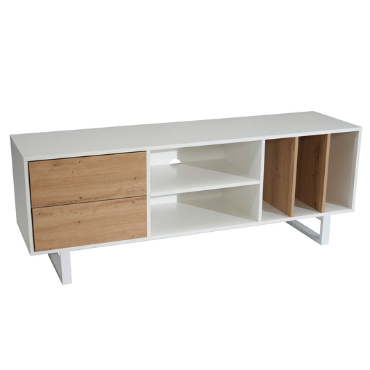 Lowboard Weiß mit Eiche-Dekor 150x55x40 cm TV-Kommode Modern, Design TV-Schrank Hoch, Fernsehtisch Fernsehschrank mit Schubladen & Regal, Fernsehkommode Wohnzimmer