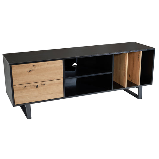 Lowboard Schwarz mit Eiche-Dekor 150x55x40 cm TV-Kommode Modern, Design TV-Schrank Hoch, Fernsehtisch Fernsehschrank mit Schubladen & Regal, Fernsehkommode Wohnzimmer