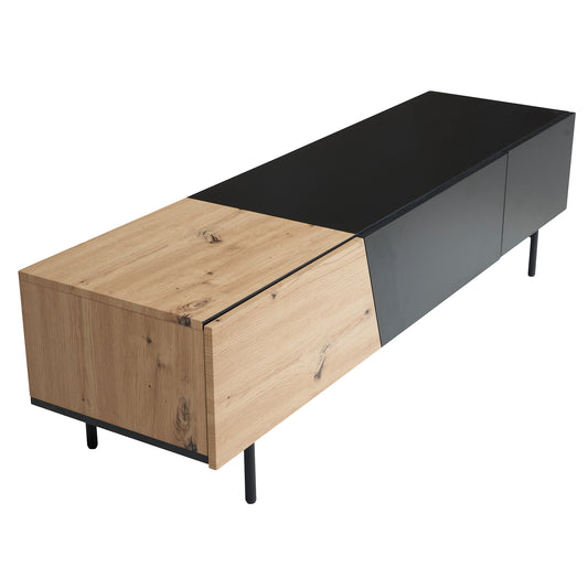 Lowboard Schwarz mit Eiche-Dekor 150x40x40 cm TV-Kommode Modern, Design TV-Schrank Niedrig, Fernsehtisch Fernsehschrank mit Türen & Schublade, Fernsehkommode Wohnzimmer