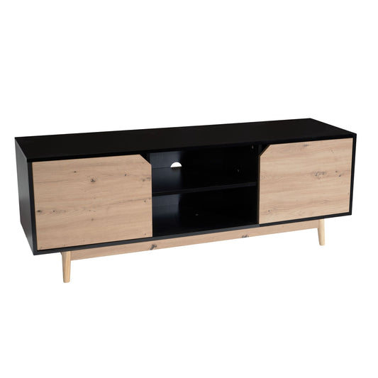 Lowboard Schwarz Eiche-Dekor 150x55x40 cm TV-Kommode Modern, Design TV-Schrank Hoch, Fernsehtisch Fernsehschrank mit zwei Türen, Fernsehkommode Wohnzimmer