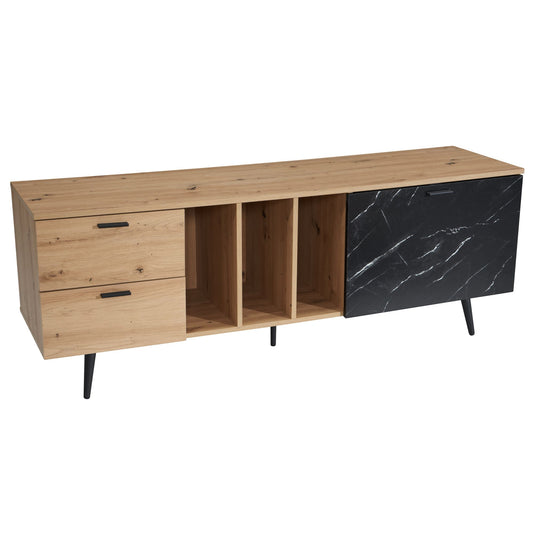 Lowboard Eiche-Dekor mit Marmor-Look in Schwarz 150x55x40 cm TV-Kommode, Design TV-Schrank Hoch Modern, Fernsehtisch Fernsehschrank mit Tür & Schubladen, Fernsehkommode Wohnzimmer Modern