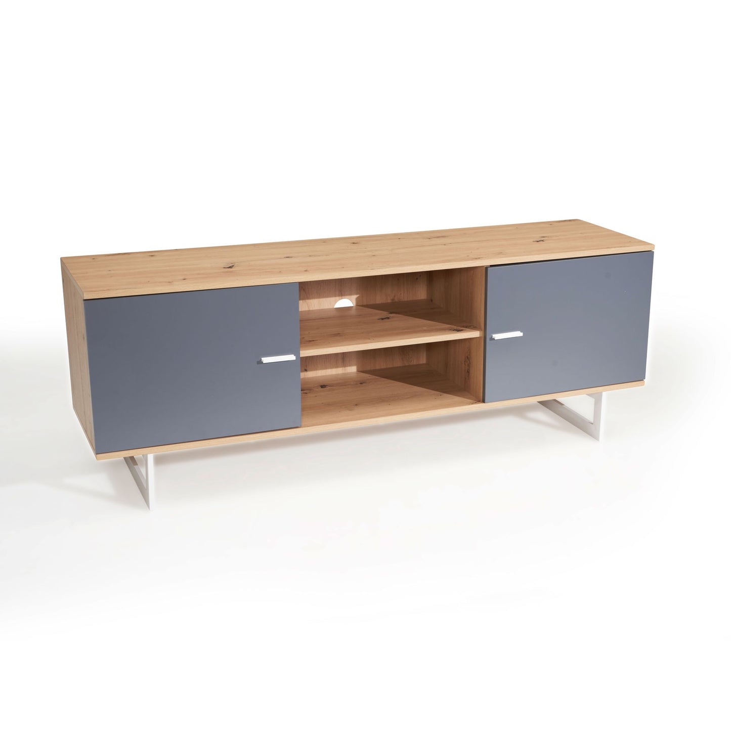 Lowboard Eiche-Dekor Grau 150x55x40 cm TV-Kommode Modern, Design TV-Schrank Hoch, Fernsehtisch Fernsehschrank mit zwei Türen, Fernsehkommode Wohnzimmer