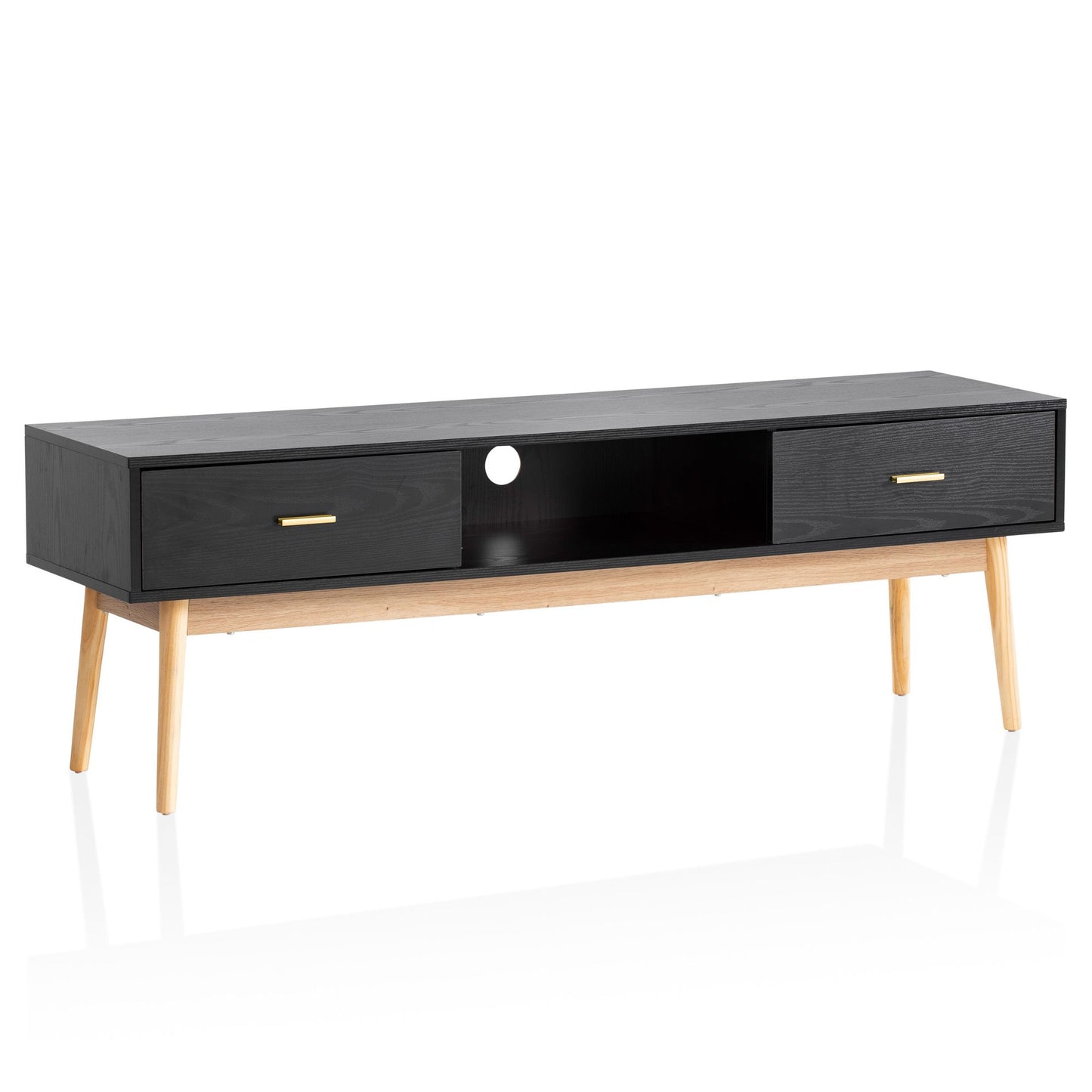 Lowboard Schwarz mit Eiche-Dekor 150x50x40 cm TV-Kommode Modern, Design TV-Schrank Hoch, Fernsehtisch Fernsehschrank mit Schubladen & Ablagefach, Fernsehkommode Wohnzimmer