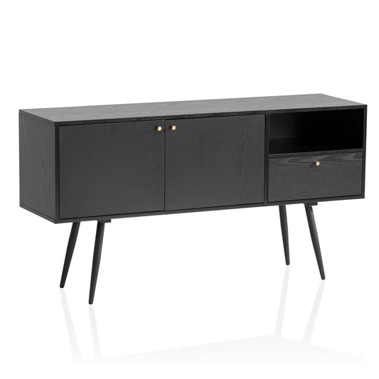 Sideboard 140x75x40 cm Kommode Schwarz mit Eiche-Dekor Zeitlos, Hoher Kommodenschrank, Standschrank Wohnzimmer mit 2 Türen und Schublade, Anrichte mit offenem Fach