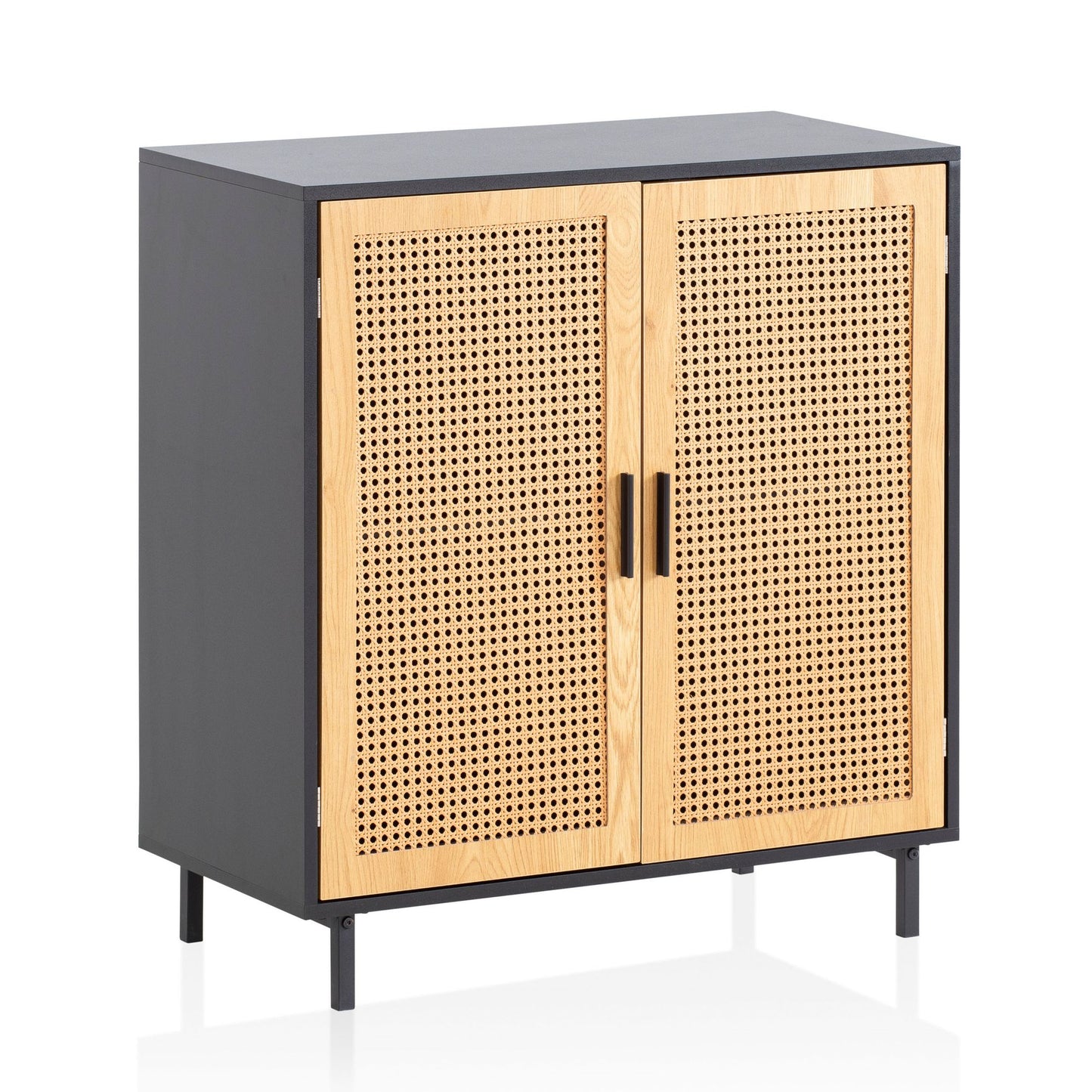 Sideboard 80x86,5x40 cm Kommode Schwarz mit Wiener Geflecht, Hoher Kommodenschrank Zeitlos, Standschrank Wohnzimmer mit 2 Türen, Anrichte Rattan