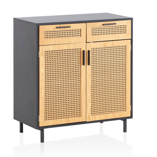 Sideboard 80x86,5x40 cm Kommode Schwarz mit Wiener Geflecht, Hoher Kommodenschrank Zeitlos, Standschrank Wohnzimmer mit 2 Türen und Schubladen, Anrichte Rattan