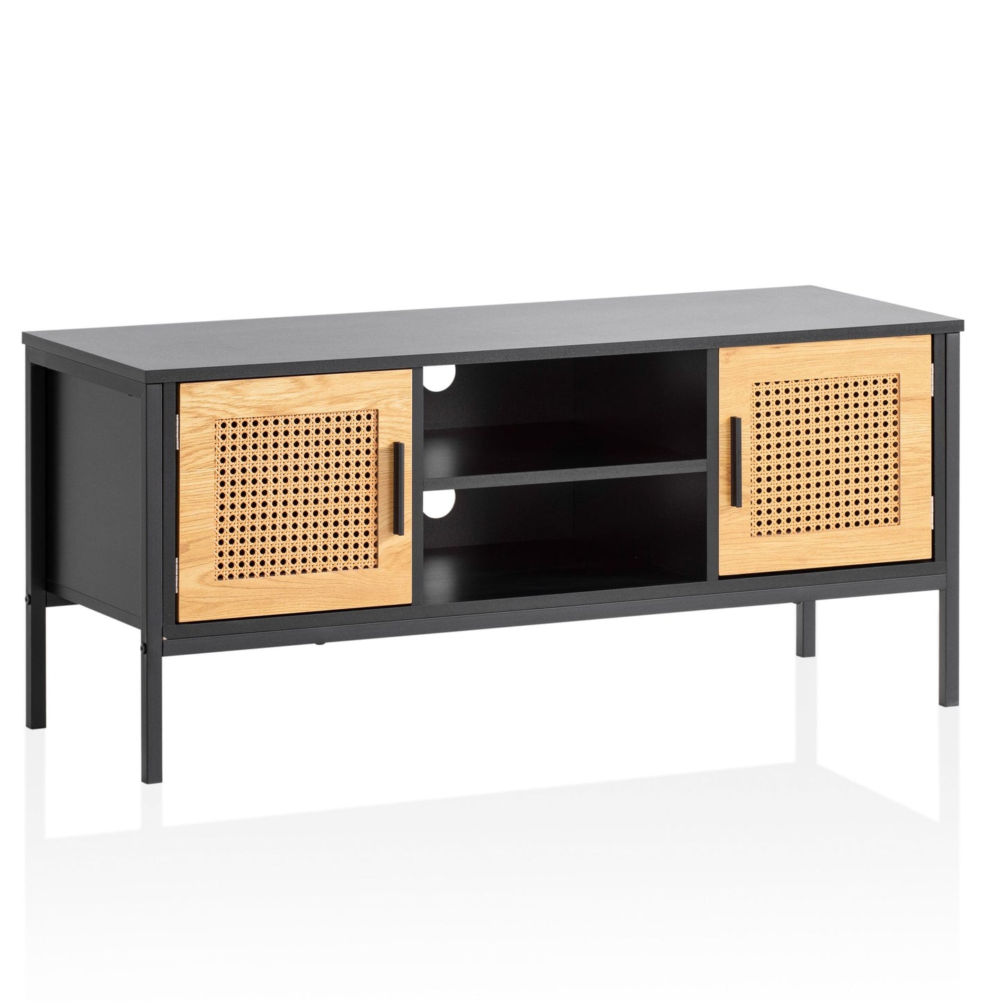 Lowboard Schwarz / Eiche mit Wiener Geflecht 110x48x40 cm TV-Kommode Zeitlos, Design TV-Schrank Hoch, Fernsehtisch Fernsehschrank mit Türen, Fernsehkommode Wohnzimmer Rattan