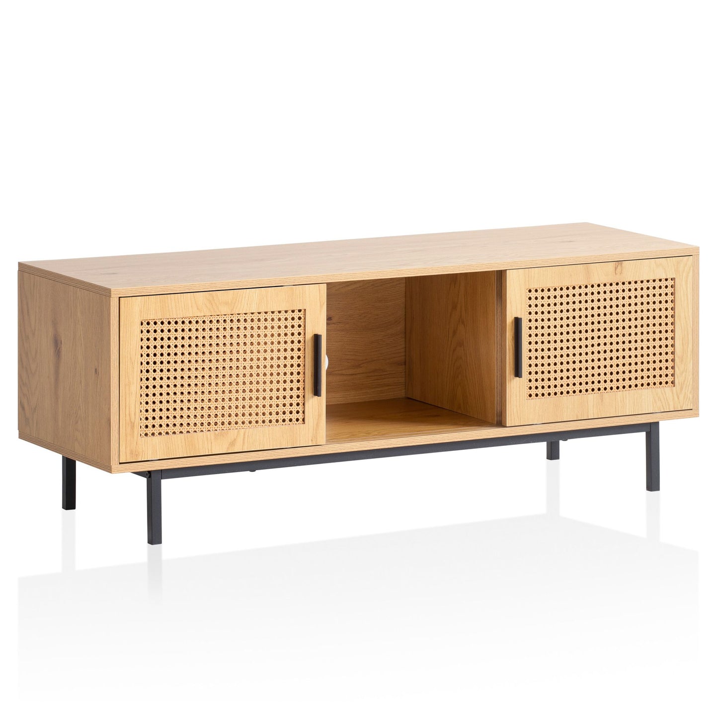 Lowboard Eiche-Dekor mit Wiener Geflecht 120x45,5x40 cm TV-Kommode Zeitlos mit Schiebe-Türen, Design TV-Schrank Hoch, Fernsehtisch Fernsehschrank, Fernsehkommode Wohnzimmer Rattan