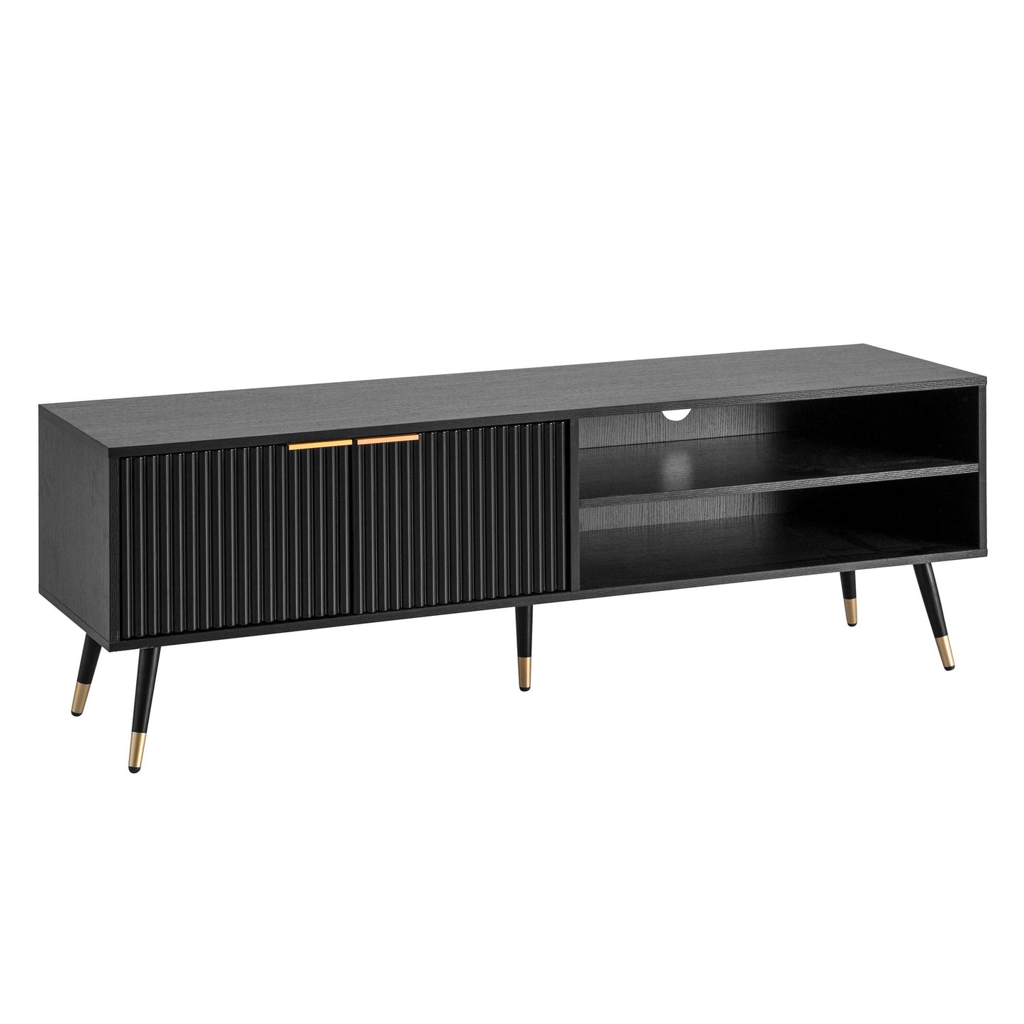 Lowboard Schwarz mit Eiche-Dekor 150x51x39 cm TV-Kommode Modern, Design TV-Schrank Hoch, Fernsehtisch Fernsehschrank mit Türen & Ablagefächern, Fernsehkommode Wohnzimmer