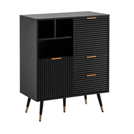 Sideboard 77x97x40 cm Anrichte Schwarz mit Eiche-Dekor, Kommode mit Türen und Schubladen, Kommodenschrank Flurschrank mit Regal Modern, Standschrank Wohnzimmer Metallbeine