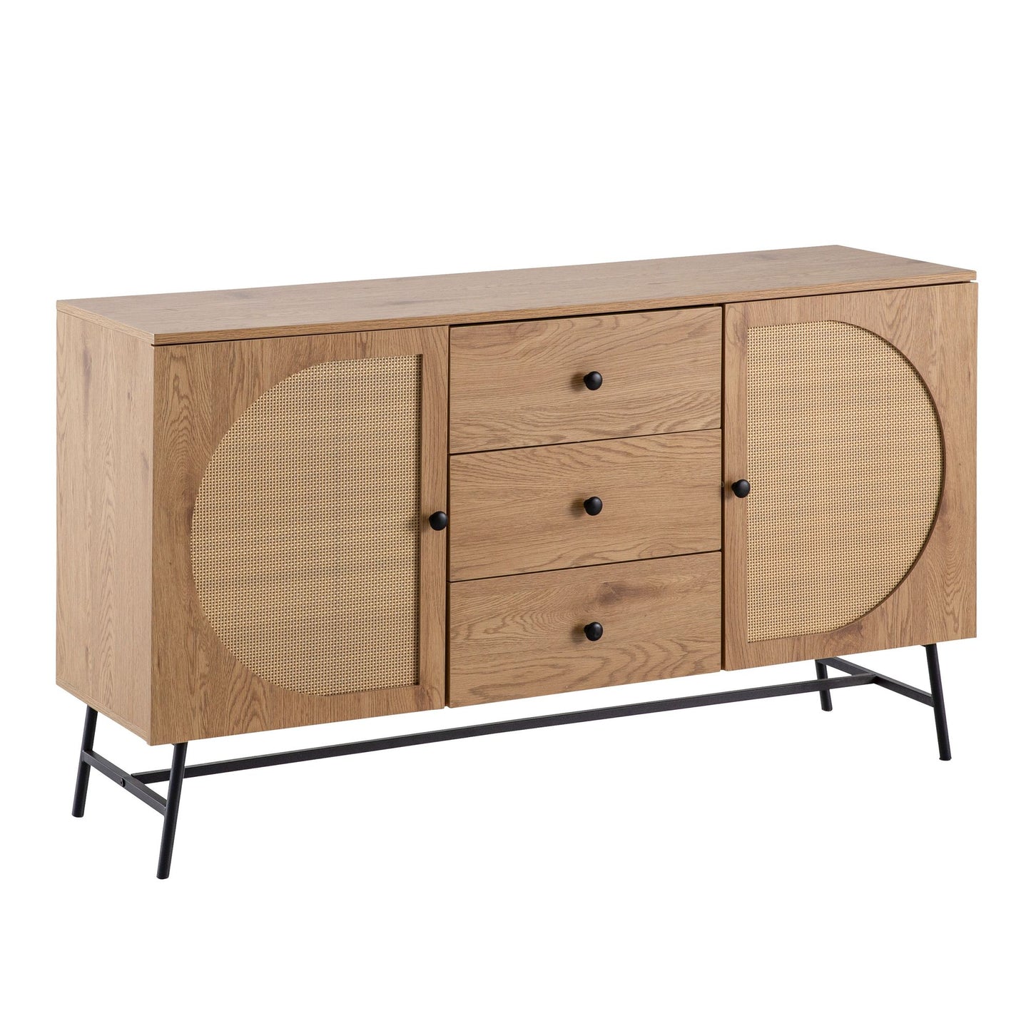 Sideboard 140x80x40 cm Kommode Eiche-Dekor mit Rattan Geflecht Modern, Hoher Kommodenschrank, Standschrank mit 2 Türen und 3 Schubladen, Anrichte Wohnzimmer