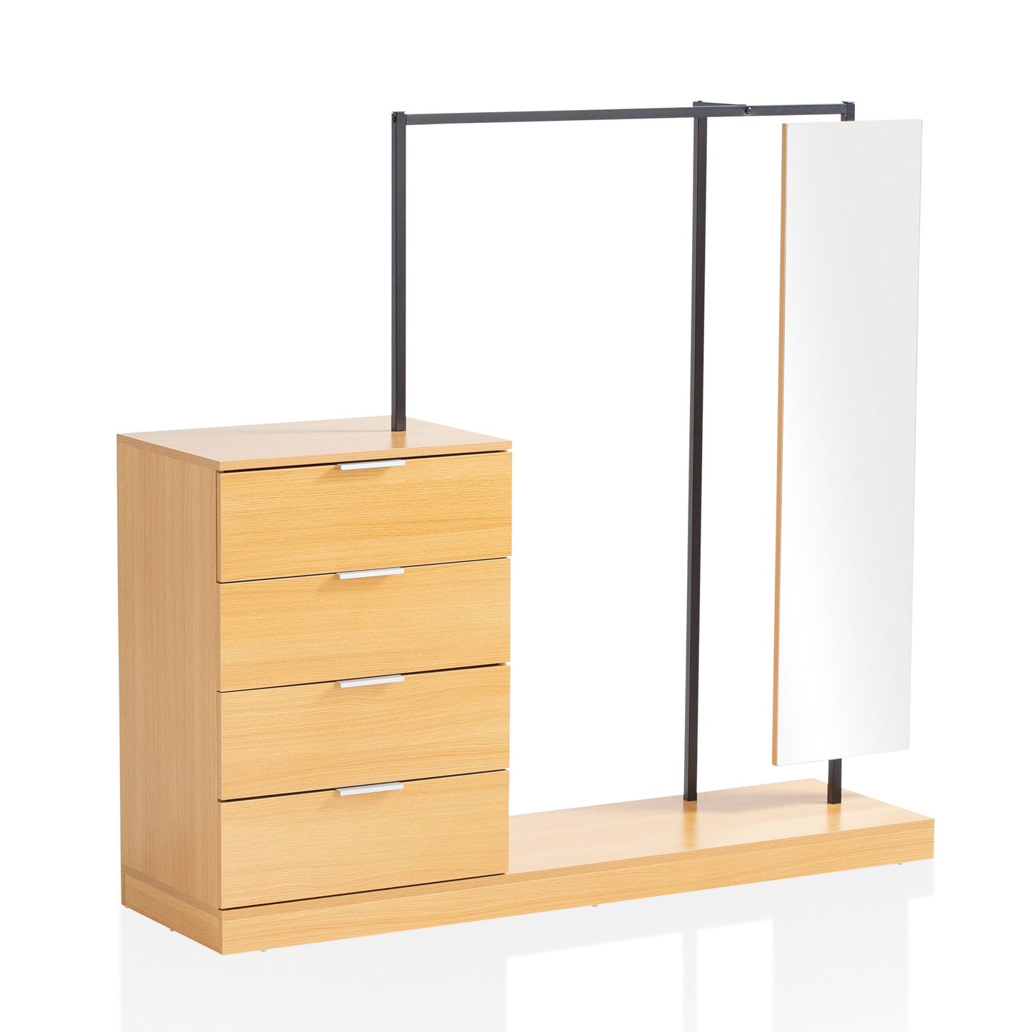 Garderobe Eiche-Dekor 145x138x40,5 cm Flurgarderobe Modern, Kompaktgarderobe für Schuhe, Jacken, Schals und Mützen, Kleiderständer Flur mit Kommode, Kleiderstange und Spiegel