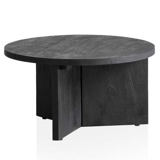 Couchtisch 60x60x33 cm Mango Massivholz Schwarz Sofatisch Rund, Design Wohnzimmertisch Dreibein, Kaffeetisch Wohnzimmer Niedrig Modern mit natürlicher Holzmaserung