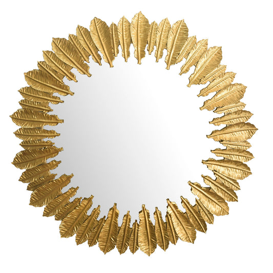 Wandspiegel Federn 68 cm Metall Design Hängespiegel Gold, Eisen Dekospiegel Rund, Spiegel Wand Groß, Flurspiegel Garderobenspiegel Modern