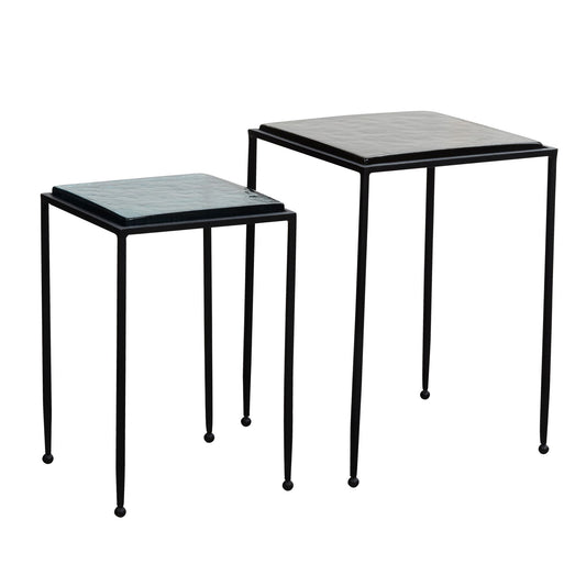 Beistelltisch 2er Set Blau Schwarz Design Satztisch Glas Metall Eckig, Wohnzimmertisch Modern, Ausgefallener Couchtisch Quadratisch, Sofatisch 2-teilig abnehmbare Tischplatte