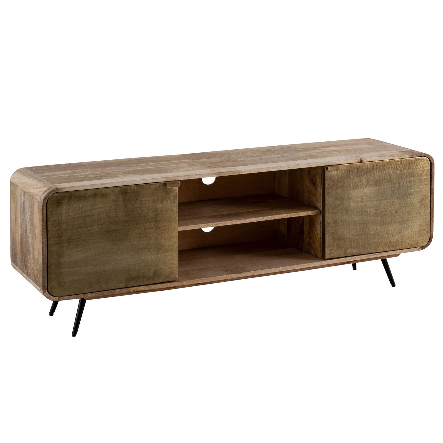 Lowboard Mango Massivholz 160x55x41 cm TV-Kommode mit zwei punzierten Türen, Design TV-Schrank Hoch, Fernsehtisch Fernsehschrank Modern, Fernsehkommode Wohnzimmer